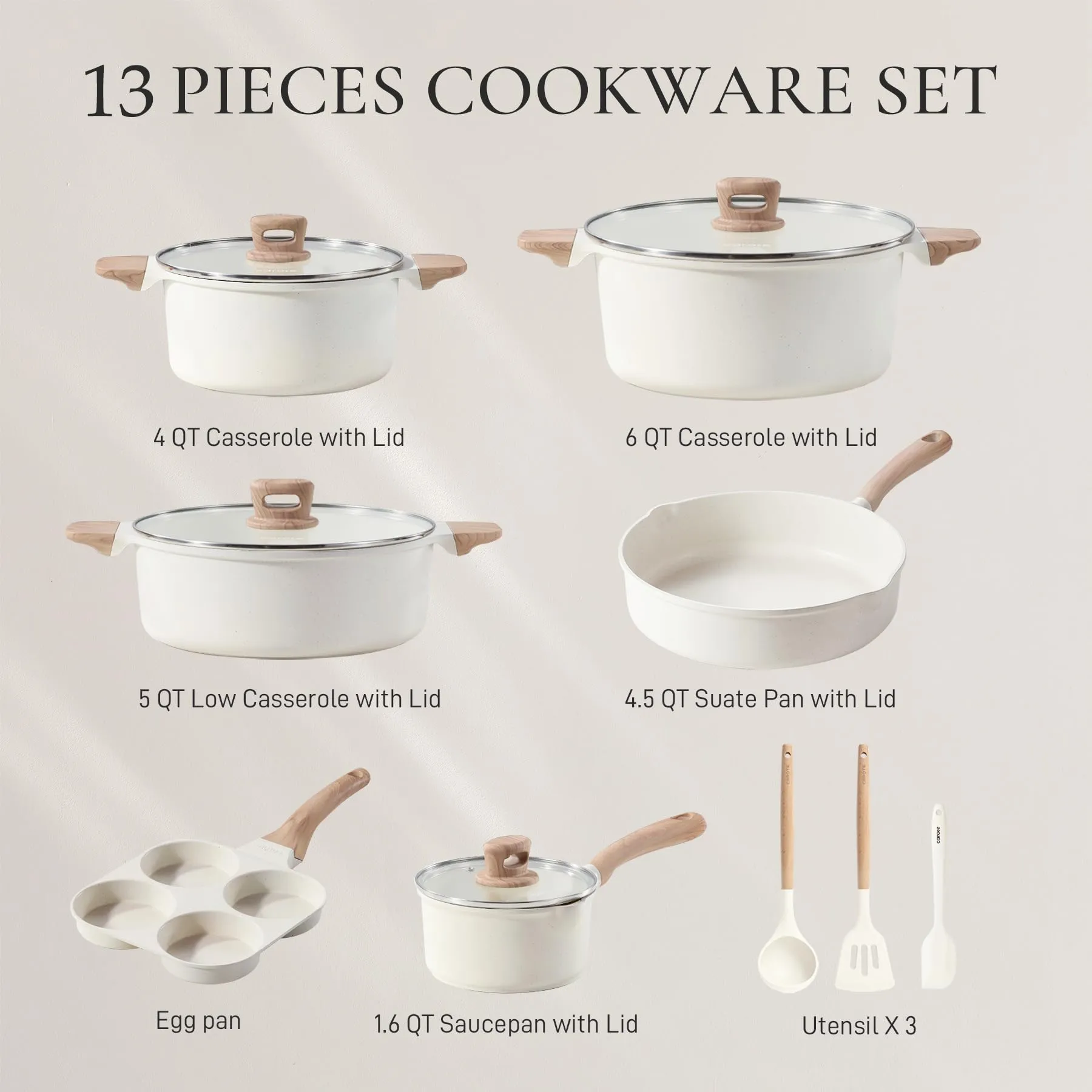 CAROTE 21Pcs Pots and Pans Set, Nonstick Cookware Sets, White Granite Induction Cookware Non Stick Cooking Set w/Frying Pans & Saucepans(PFOS, PFOA Free)