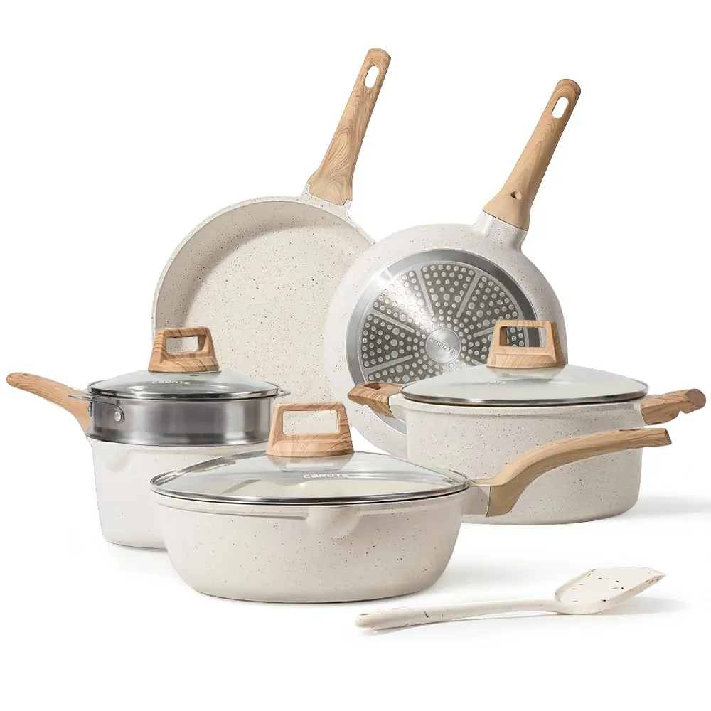 CAROTE 21Pcs Pots and Pans Set, Nonstick Cookware Sets, White Granite Induction Cookware Non Stick Cooking Set w/Frying Pans & Saucepans(PFOS, PFOA Free)