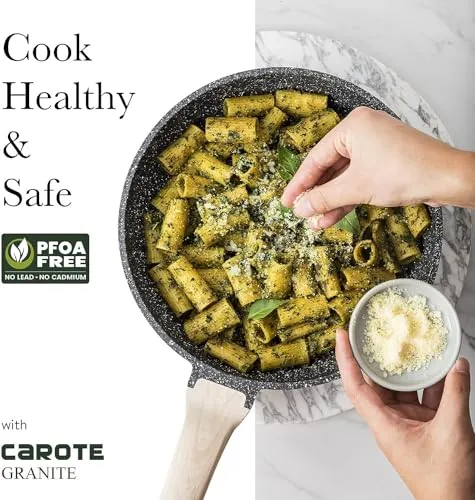 CAROTE 21Pcs Pots and Pans Set, Nonstick Cookware Sets, White Granite Induction Cookware Non Stick Cooking Set w/Frying Pans & Saucepans(PFOS, PFOA Free)
