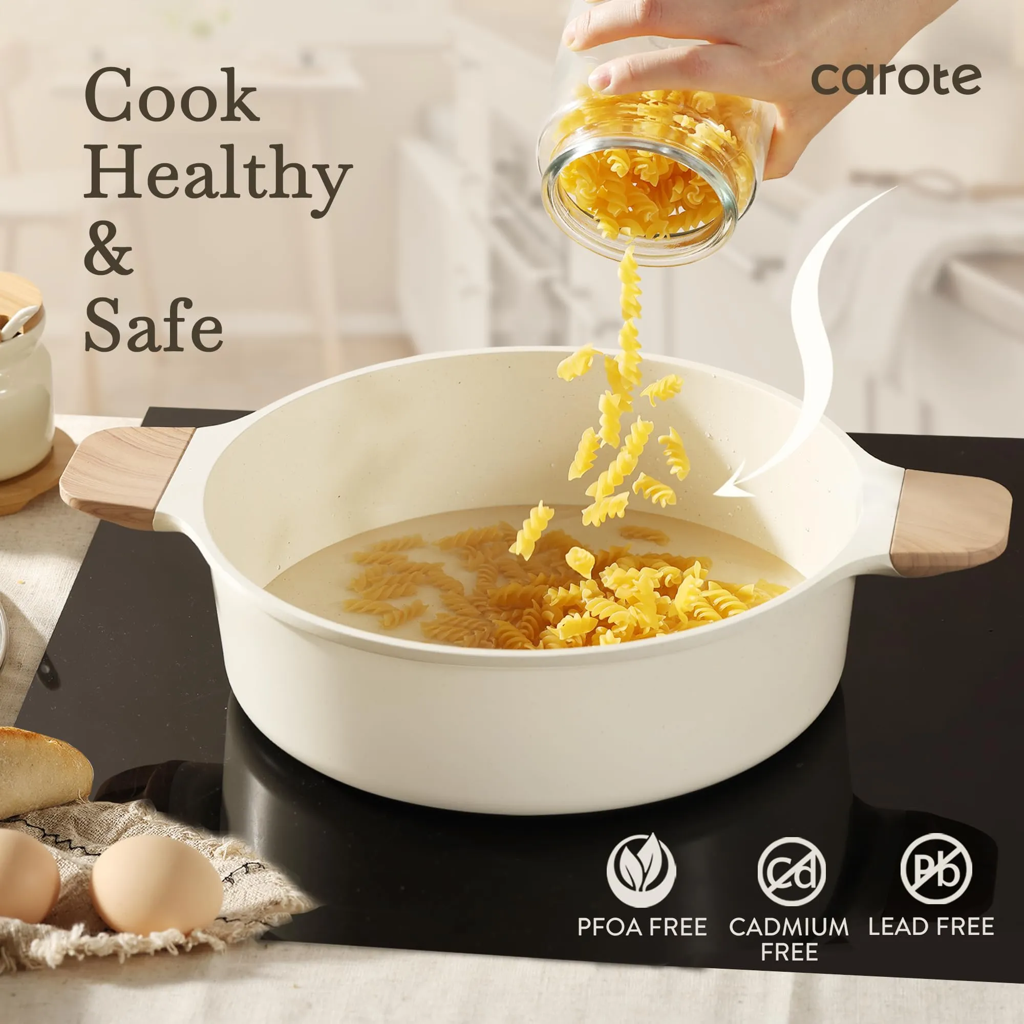 CAROTE 21Pcs Pots and Pans Set, Nonstick Cookware Sets, White Granite Induction Cookware Non Stick Cooking Set w/Frying Pans & Saucepans(PFOS, PFOA Free)