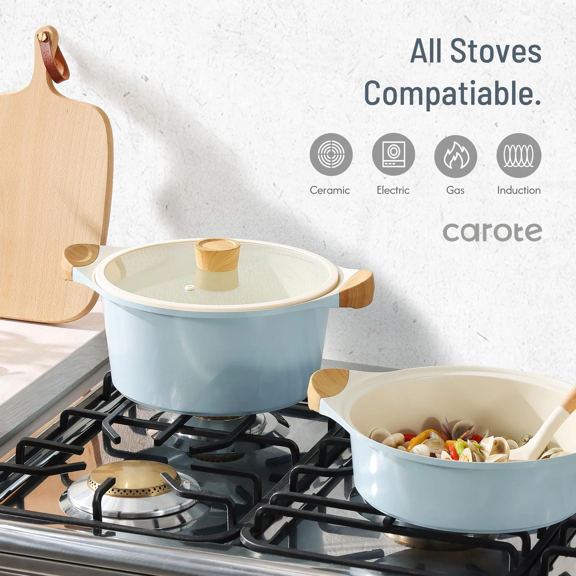 CAROTE 21Pcs Pots and Pans Set, Nonstick Cookware Sets, White Granite Induction Cookware Non Stick Cooking Set w/Frying Pans & Saucepans(PFOS, PFOA Free)