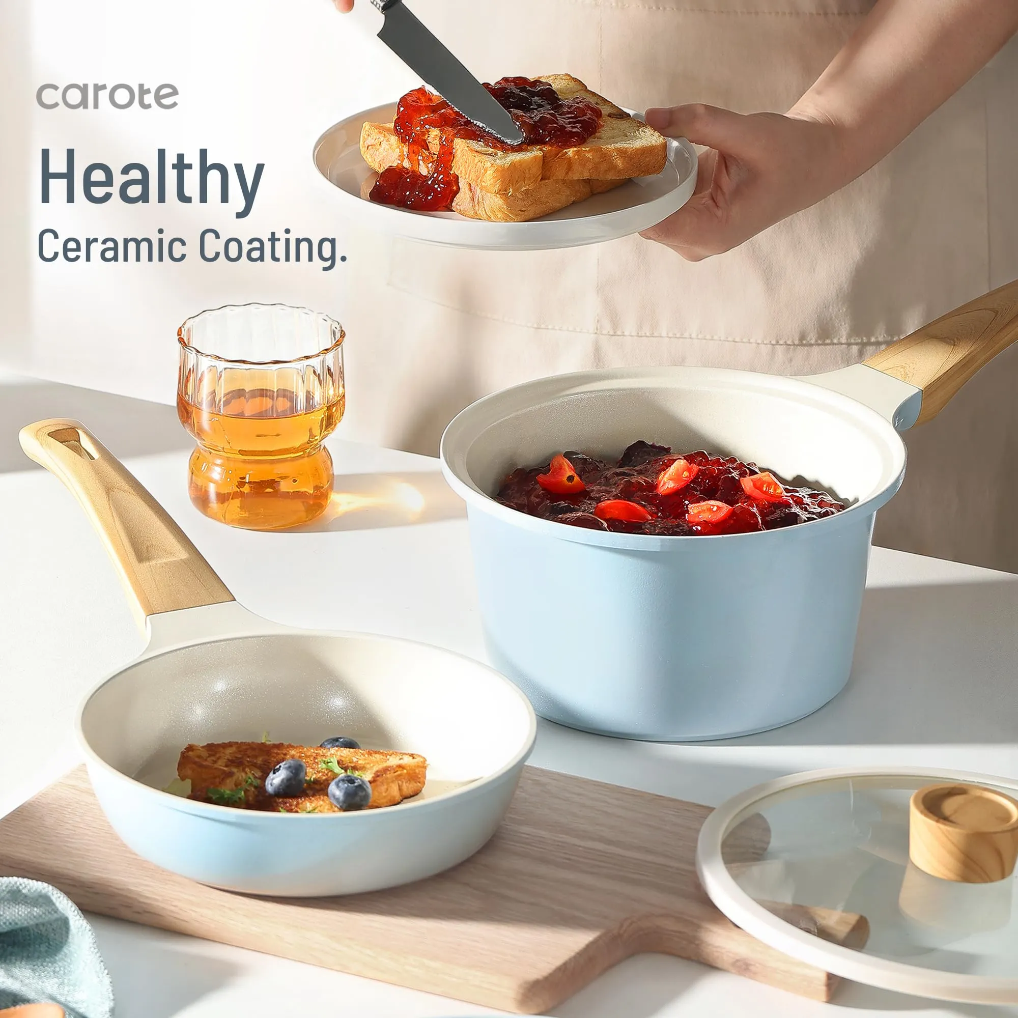 CAROTE 21Pcs Pots and Pans Set, Nonstick Cookware Sets, White Granite Induction Cookware Non Stick Cooking Set w/Frying Pans & Saucepans(PFOS, PFOA Free)