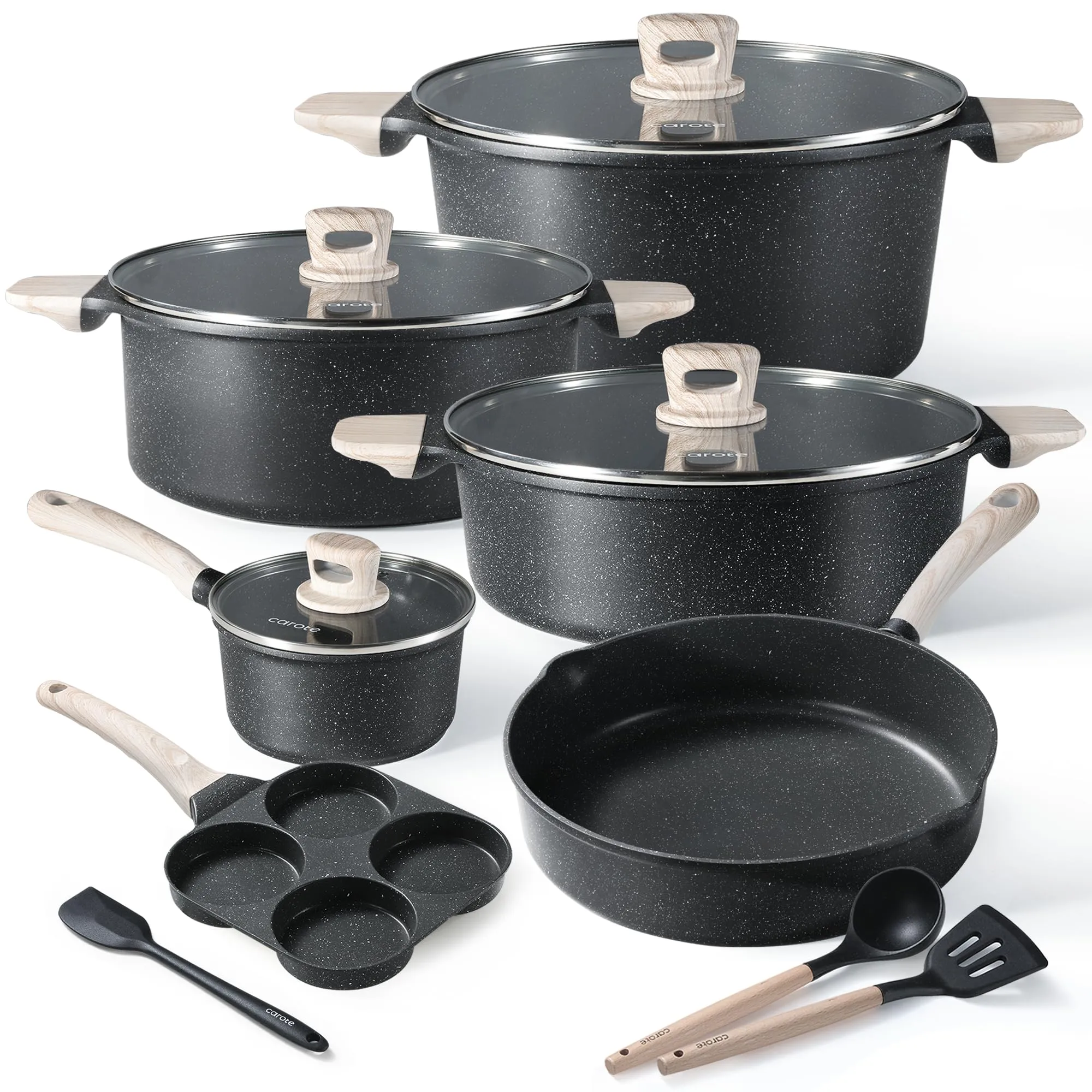 CAROTE 21Pcs Pots and Pans Set, Nonstick Cookware Sets, White Granite Induction Cookware Non Stick Cooking Set w/Frying Pans & Saucepans(PFOS, PFOA Free)