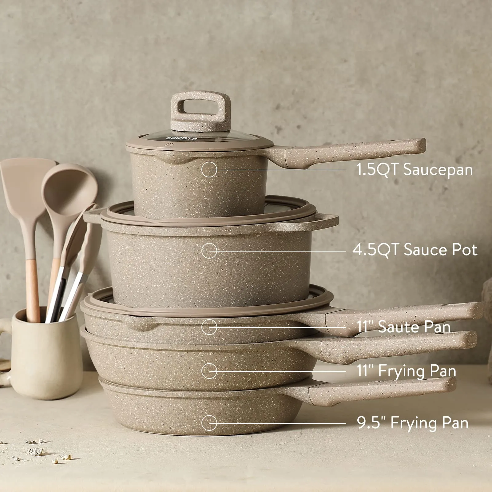 CAROTE 21Pcs Pots and Pans Set, Nonstick Cookware Sets, White Granite Induction Cookware Non Stick Cooking Set w/Frying Pans & Saucepans(PFOS, PFOA Free)