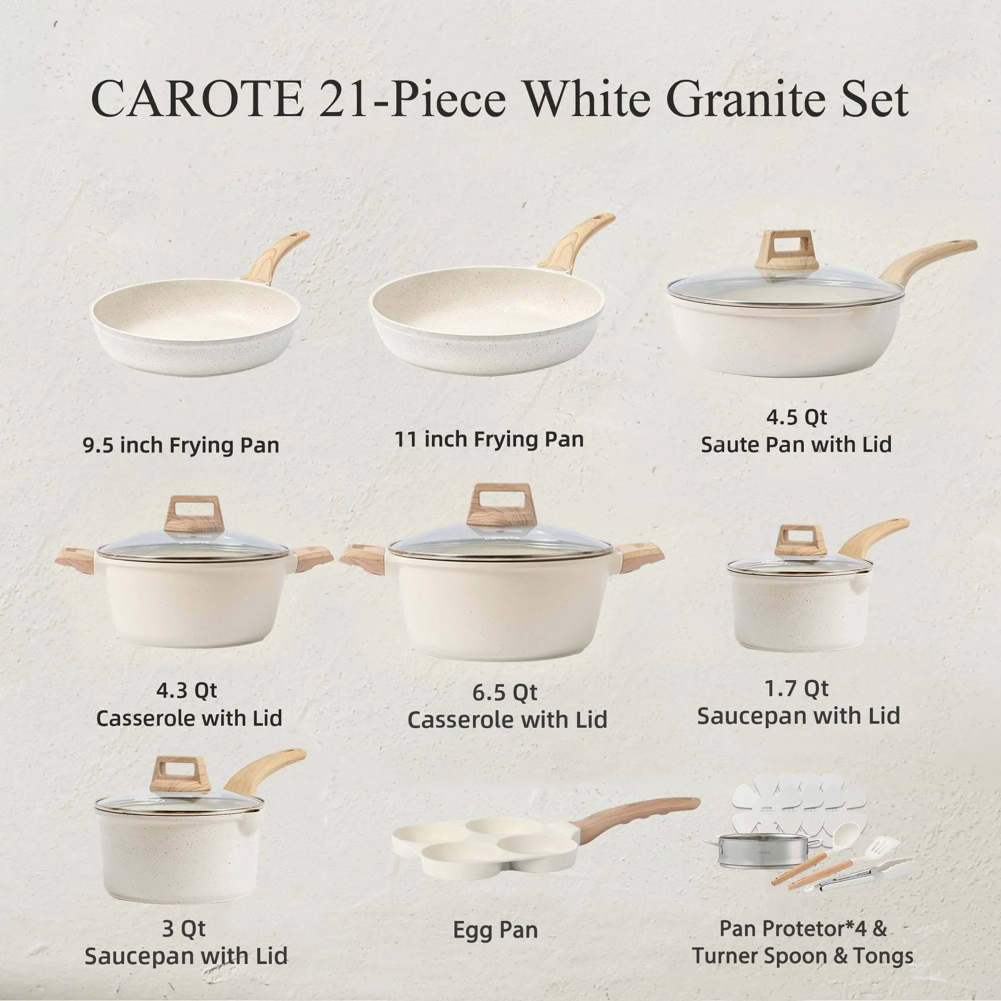 CAROTE 21Pcs Pots and Pans Set, Nonstick Cookware Sets, White Granite Induction Cookware Non Stick Cooking Set w/Frying Pans & Saucepans(PFOS, PFOA Free)