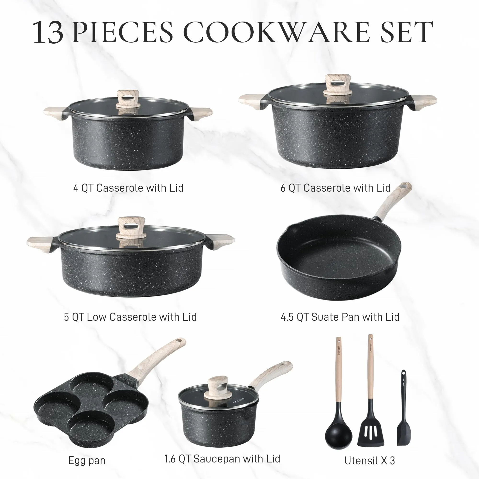 CAROTE 21Pcs Pots and Pans Set, Nonstick Cookware Sets, White Granite Induction Cookware Non Stick Cooking Set w/Frying Pans & Saucepans(PFOS, PFOA Free)