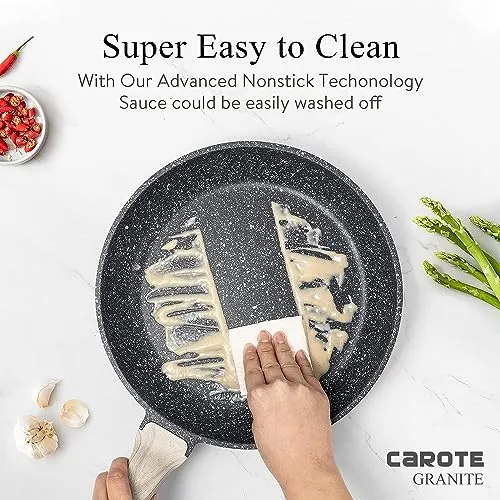 CAROTE 21Pcs Pots and Pans Set, Nonstick Cookware Sets, White Granite Induction Cookware Non Stick Cooking Set w/Frying Pans & Saucepans(PFOS, PFOA Free)