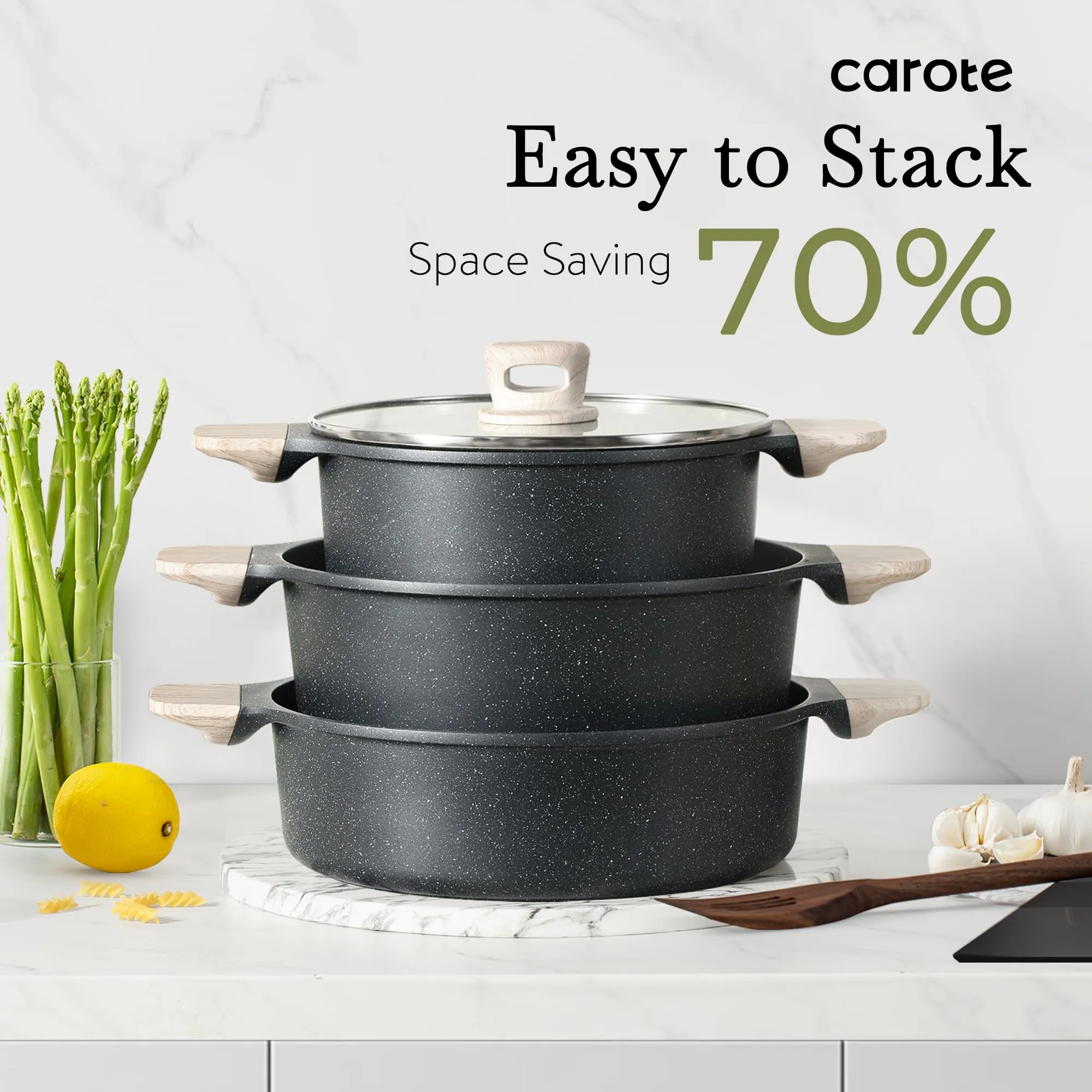 CAROTE 21Pcs Pots and Pans Set, Nonstick Cookware Sets, White Granite Induction Cookware Non Stick Cooking Set w/Frying Pans & Saucepans(PFOS, PFOA Free)
