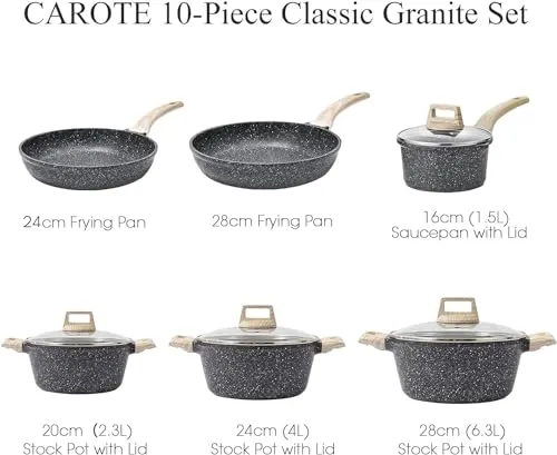 CAROTE 21Pcs Pots and Pans Set, Nonstick Cookware Sets, White Granite Induction Cookware Non Stick Cooking Set w/Frying Pans & Saucepans(PFOS, PFOA Free)