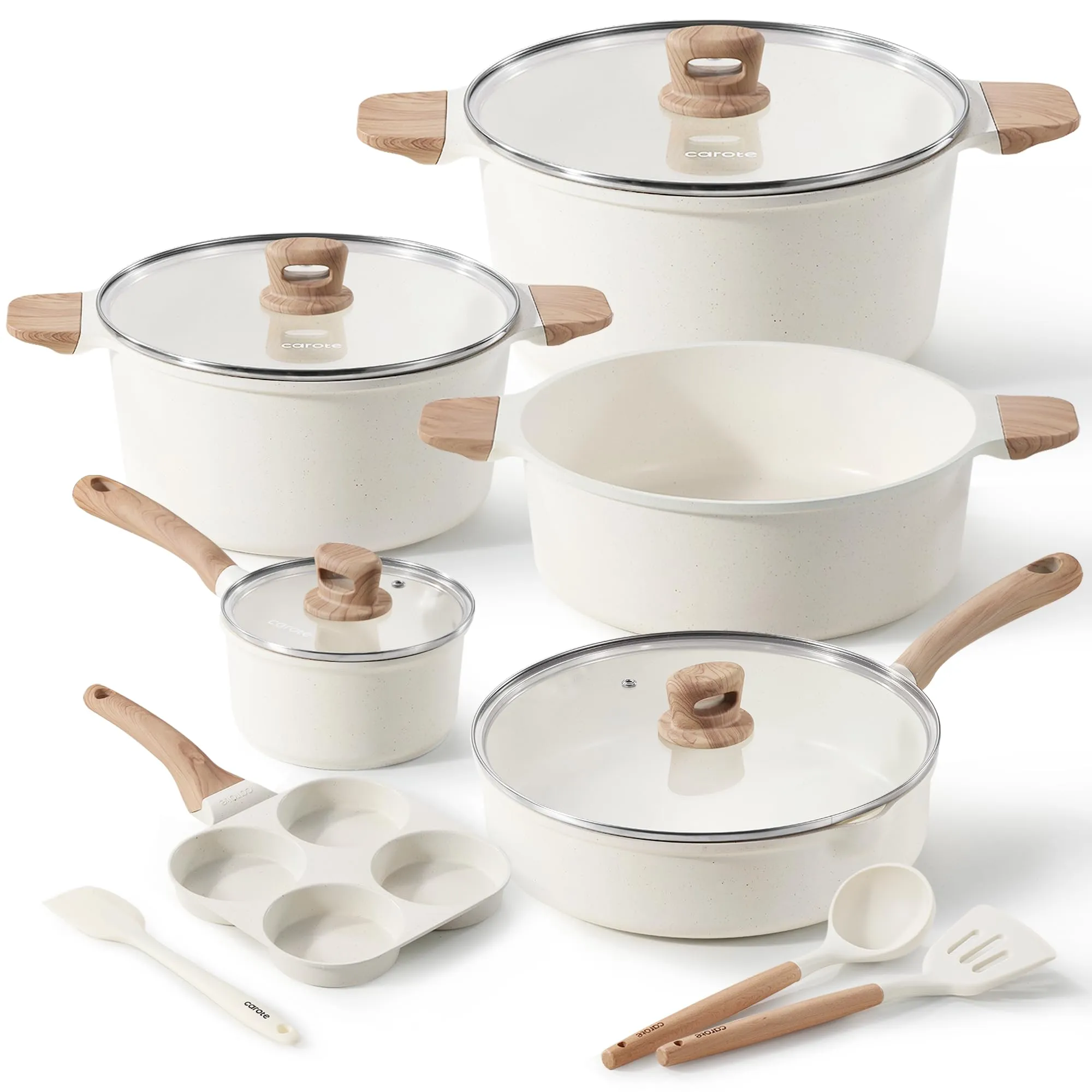 CAROTE 21Pcs Pots and Pans Set, Nonstick Cookware Sets, White Granite Induction Cookware Non Stick Cooking Set w/Frying Pans & Saucepans(PFOS, PFOA Free)