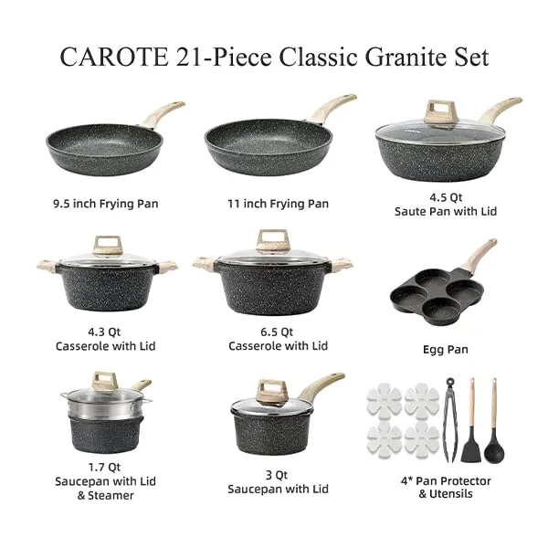 CAROTE 21Pcs Pots and Pans Set, Nonstick Cookware Sets, White Granite Induction Cookware Non Stick Cooking Set w/Frying Pans & Saucepans(PFOS, PFOA Free)