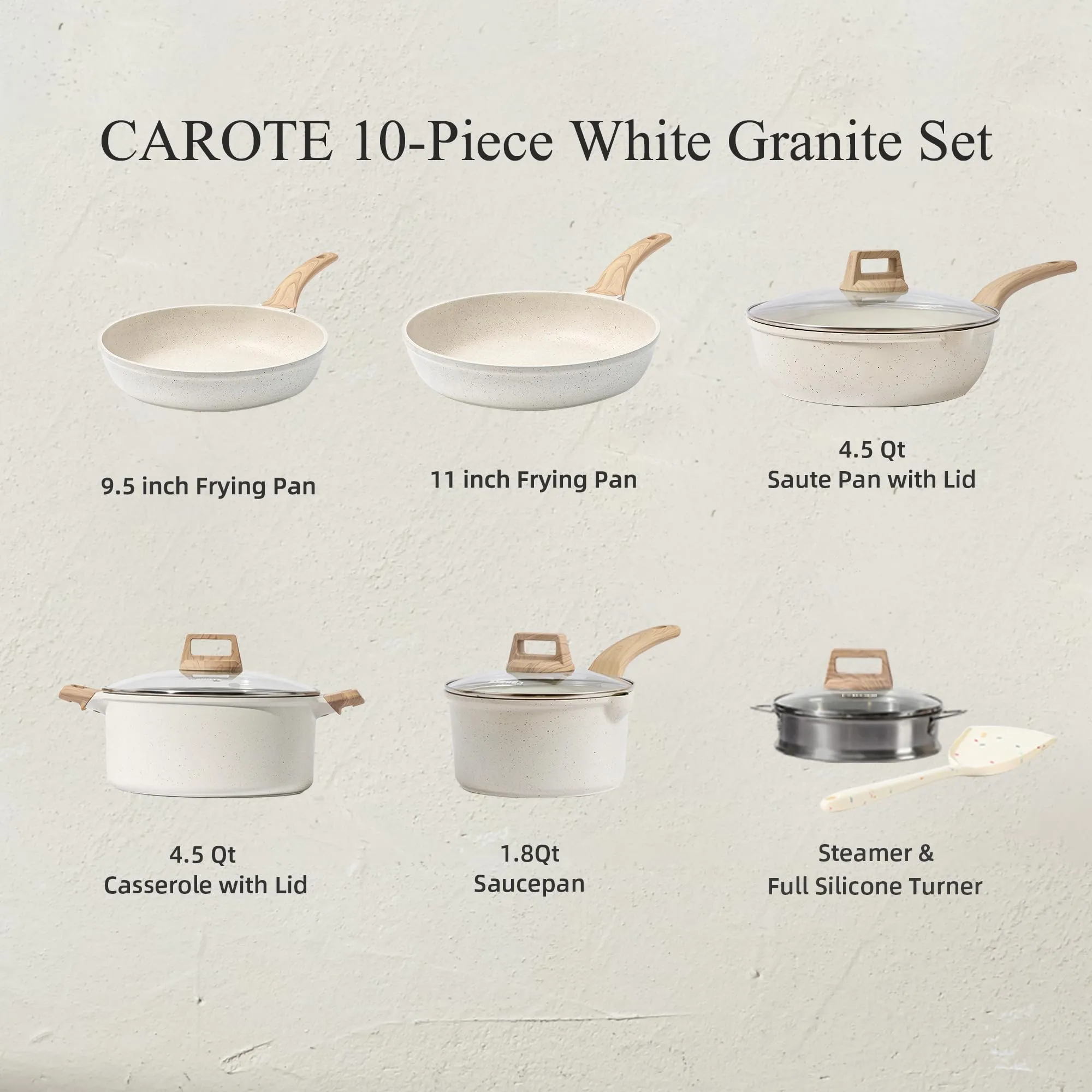 CAROTE 21Pcs Pots and Pans Set, Nonstick Cookware Sets, White Granite Induction Cookware Non Stick Cooking Set w/Frying Pans & Saucepans(PFOS, PFOA Free)