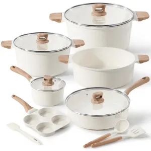 CAROTE 21Pcs Pots and Pans Set, Nonstick Cookware Sets, White Granite Induction Cookware Non Stick Cooking Set w/Frying Pans & Saucepans(PFOS, PFOA Free)