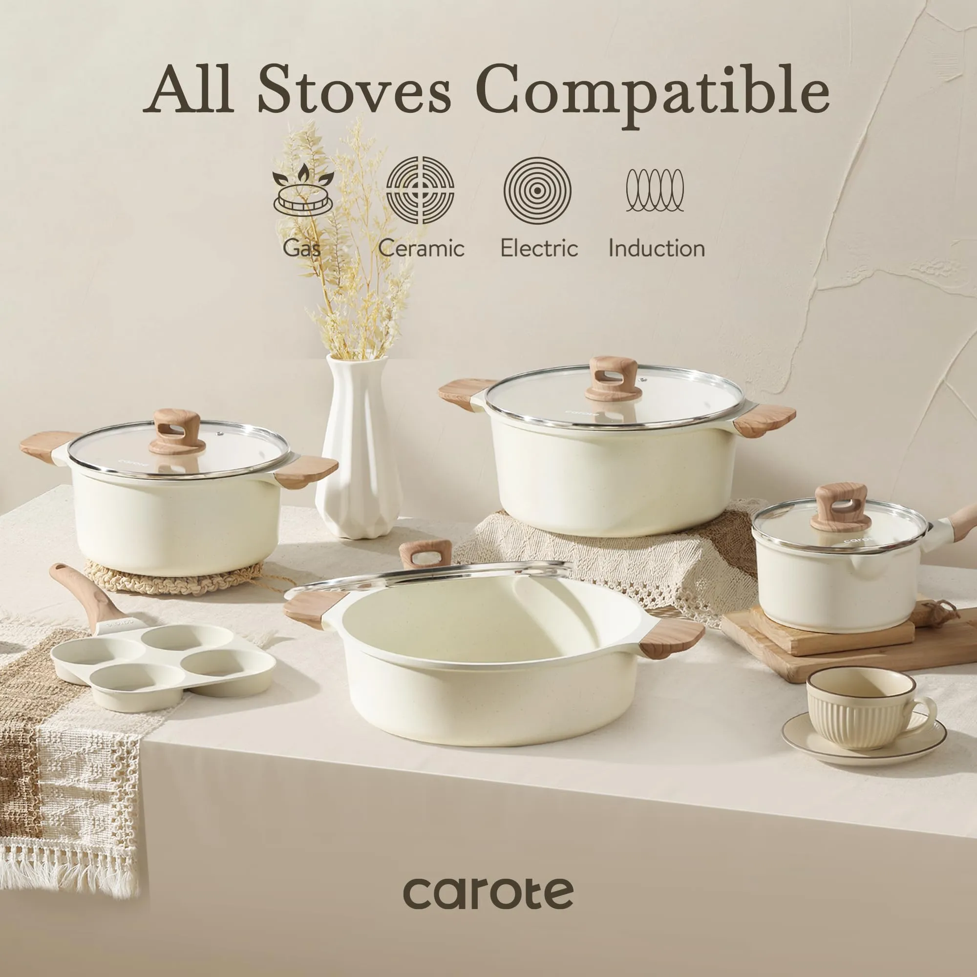 CAROTE 21Pcs Pots and Pans Set, Nonstick Cookware Sets, White Granite Induction Cookware Non Stick Cooking Set w/Frying Pans & Saucepans(PFOS, PFOA Free)