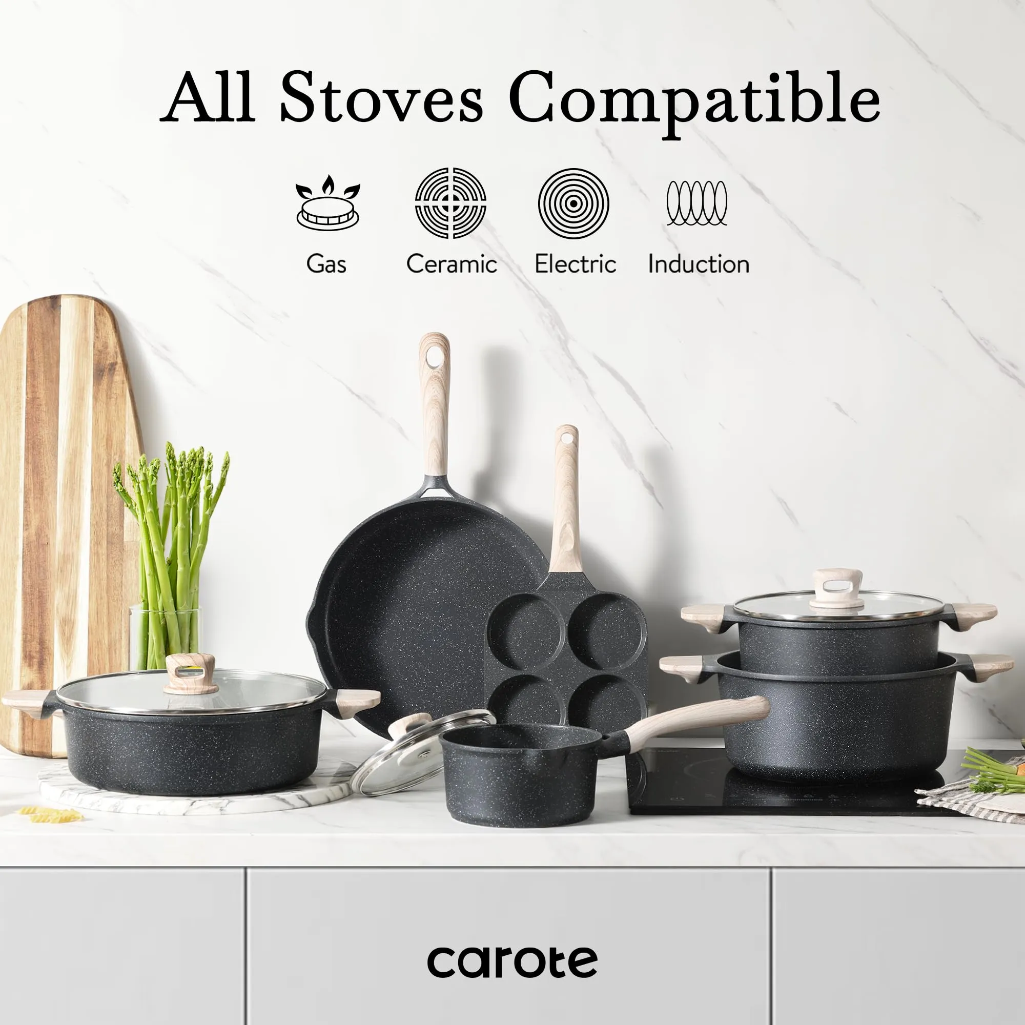 CAROTE 21Pcs Pots and Pans Set, Nonstick Cookware Sets, White Granite Induction Cookware Non Stick Cooking Set w/Frying Pans & Saucepans(PFOS, PFOA Free)