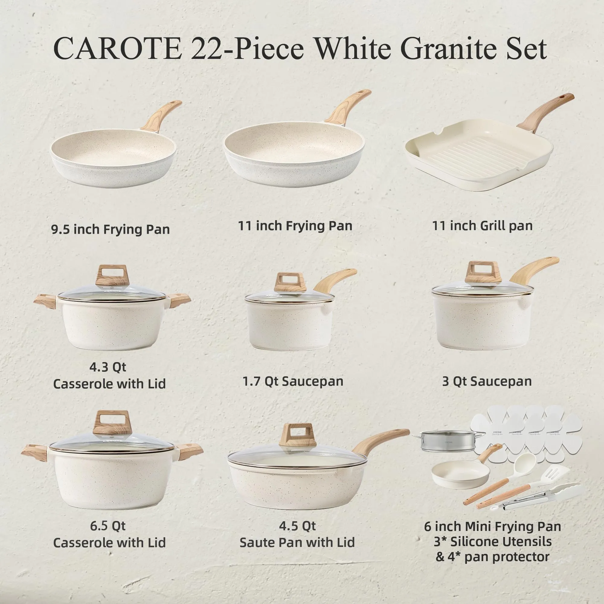 CAROTE 21Pcs Pots and Pans Set, Nonstick Cookware Sets, White Granite Induction Cookware Non Stick Cooking Set w/Frying Pans & Saucepans(PFOS, PFOA Free)