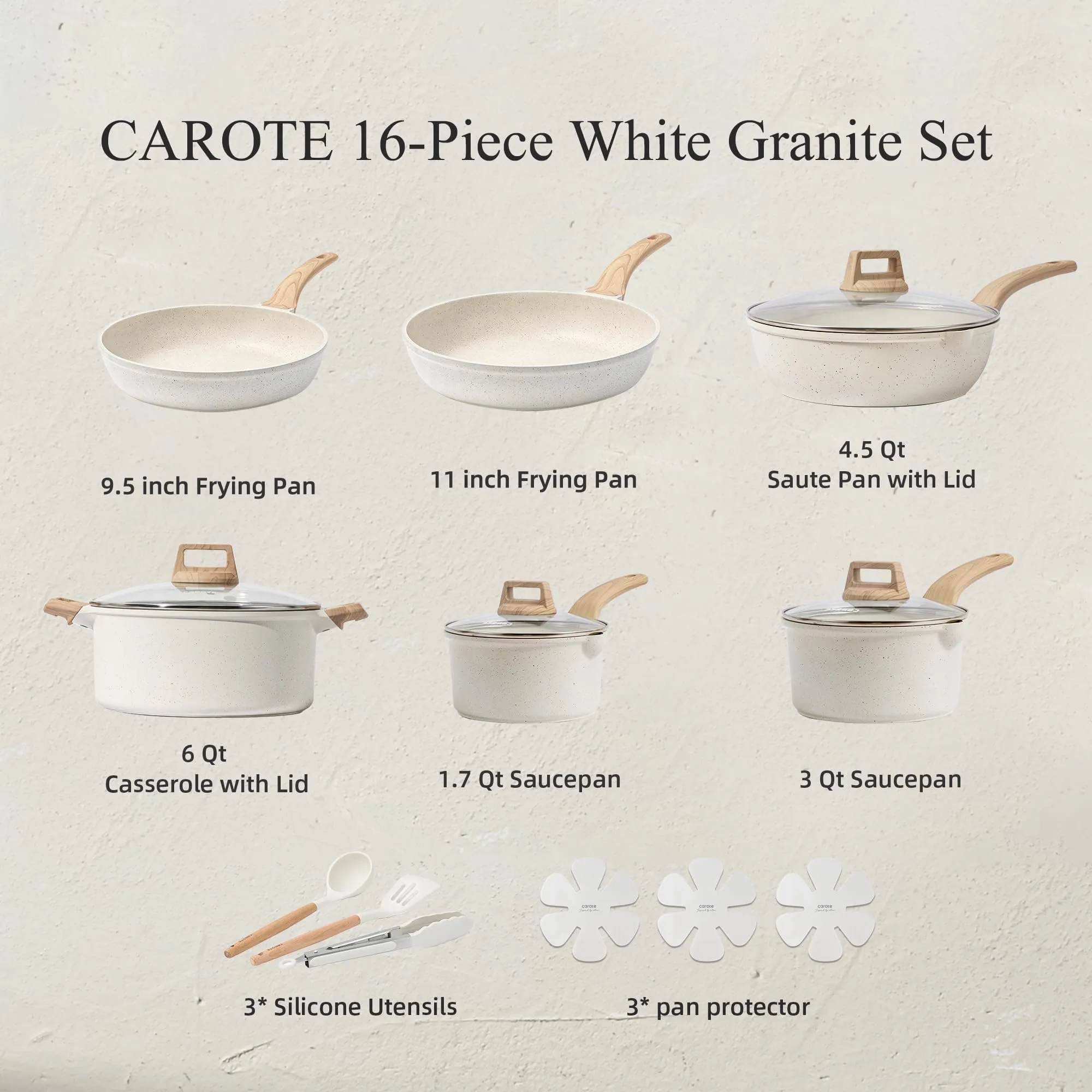 CAROTE 21Pcs Pots and Pans Set, Nonstick Cookware Sets, White Granite Induction Cookware Non Stick Cooking Set w/Frying Pans & Saucepans(PFOS, PFOA Free)