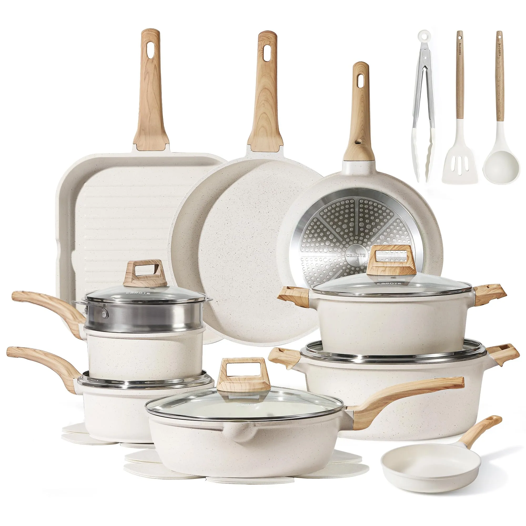 CAROTE 21Pcs Pots and Pans Set, Nonstick Cookware Sets, White Granite Induction Cookware Non Stick Cooking Set w/Frying Pans & Saucepans(PFOS, PFOA Free)