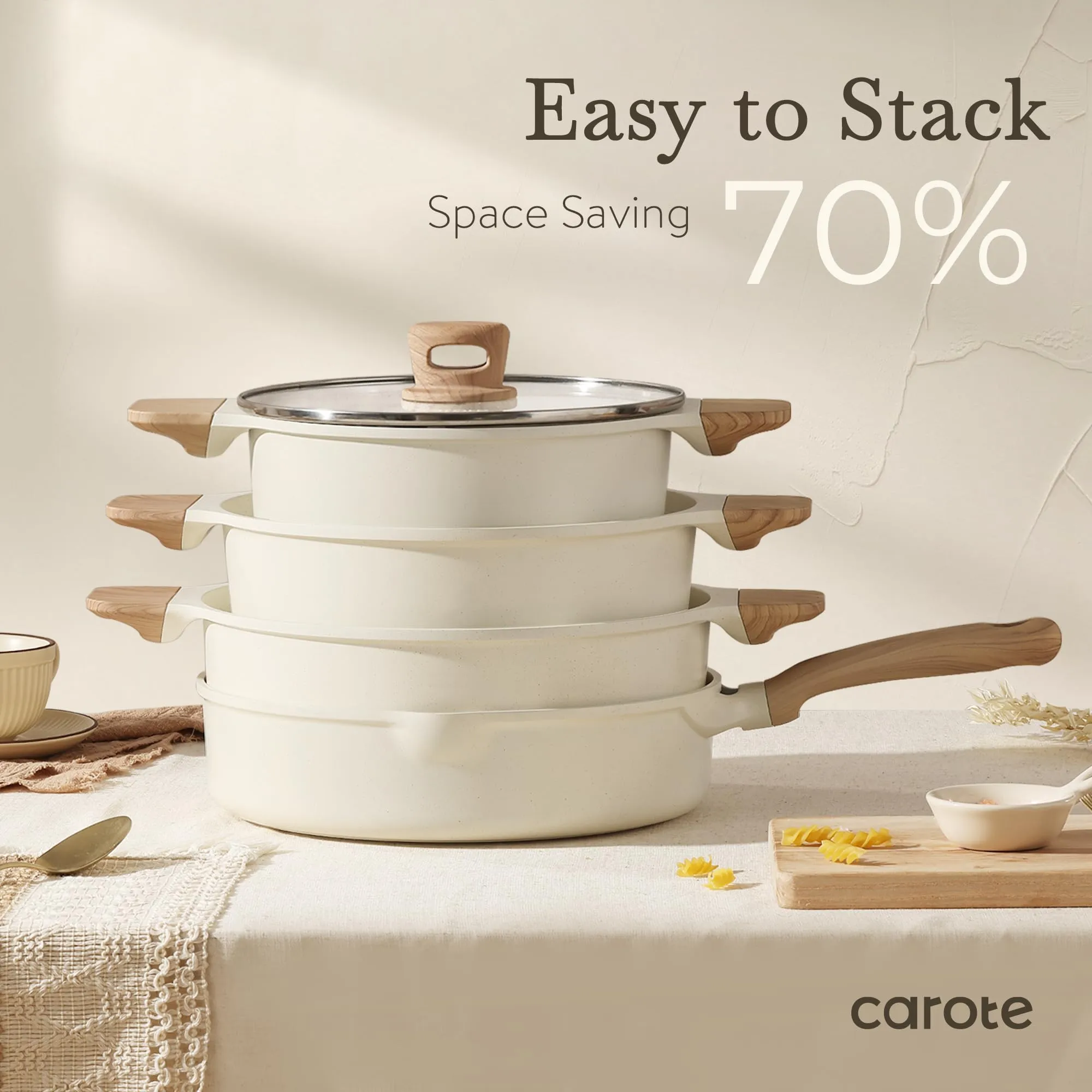 CAROTE 21Pcs Pots and Pans Set, Nonstick Cookware Sets, White Granite Induction Cookware Non Stick Cooking Set w/Frying Pans & Saucepans(PFOS, PFOA Free)