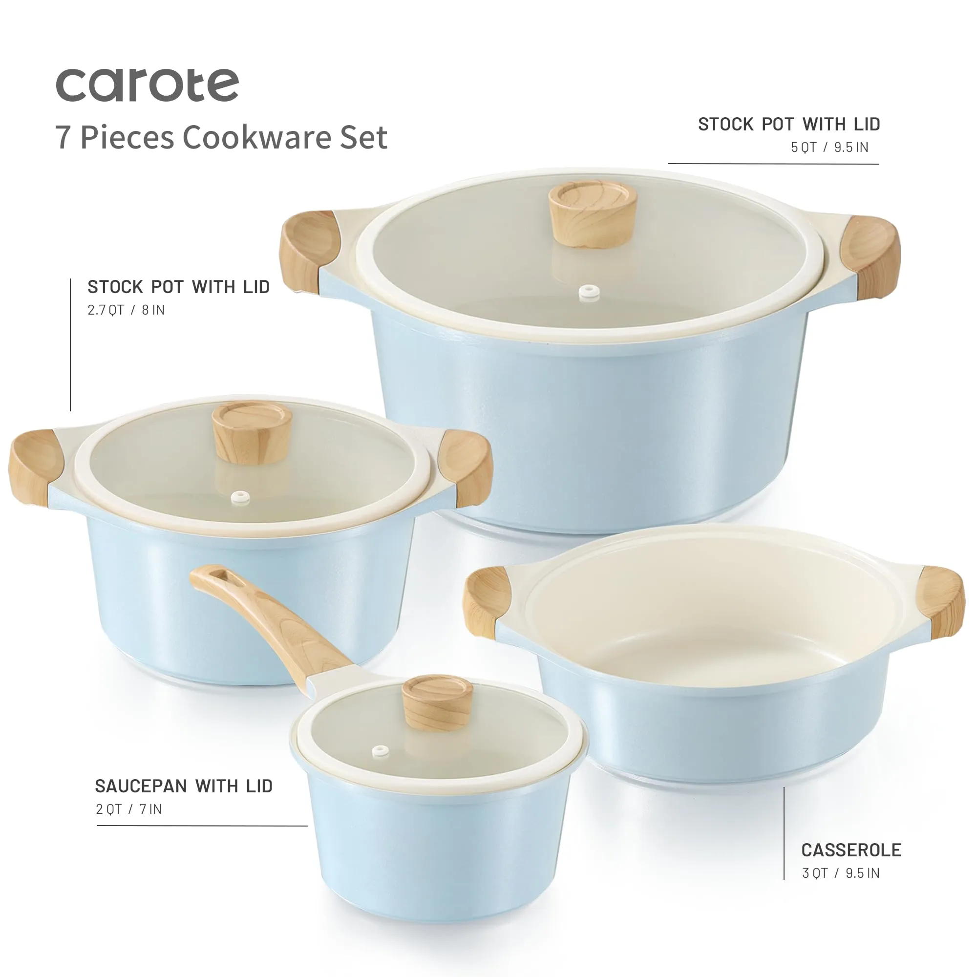 CAROTE 21Pcs Pots and Pans Set, Nonstick Cookware Sets, White Granite Induction Cookware Non Stick Cooking Set w/Frying Pans & Saucepans(PFOS, PFOA Free)