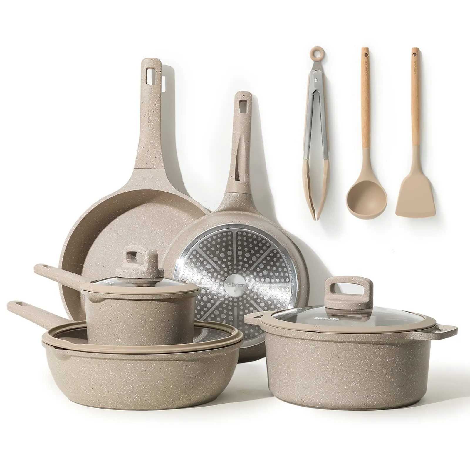 CAROTE 21Pcs Pots and Pans Set, Nonstick Cookware Sets, White Granite Induction Cookware Non Stick Cooking Set w/Frying Pans & Saucepans(PFOS, PFOA Free)