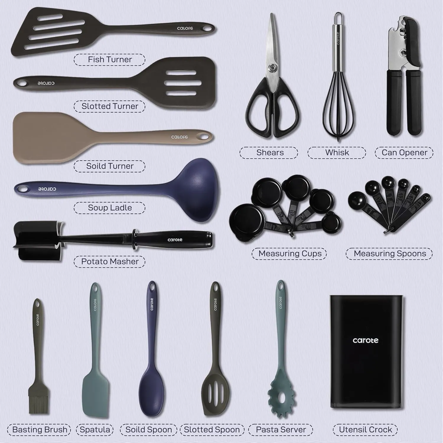 CAROTE Silicone Cooking Utensils Set, 26Pcs Kitchen Utensils Set for Non-Stick Cookware, Dishwasher Safe Kitchen Gadgets Tools, Heat Resistant Spatula Set