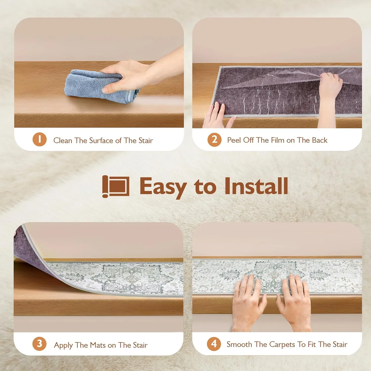 Carpet Stair Treads Non Slip for Wooden Steps 4PCS, 8" X 30" Stair Runners Mats Indoor, Stain Resistant Staircase Step Treads Stair Rugs with TPR Self Adhesive Backing for Kids, Elders, Dogs, Grey