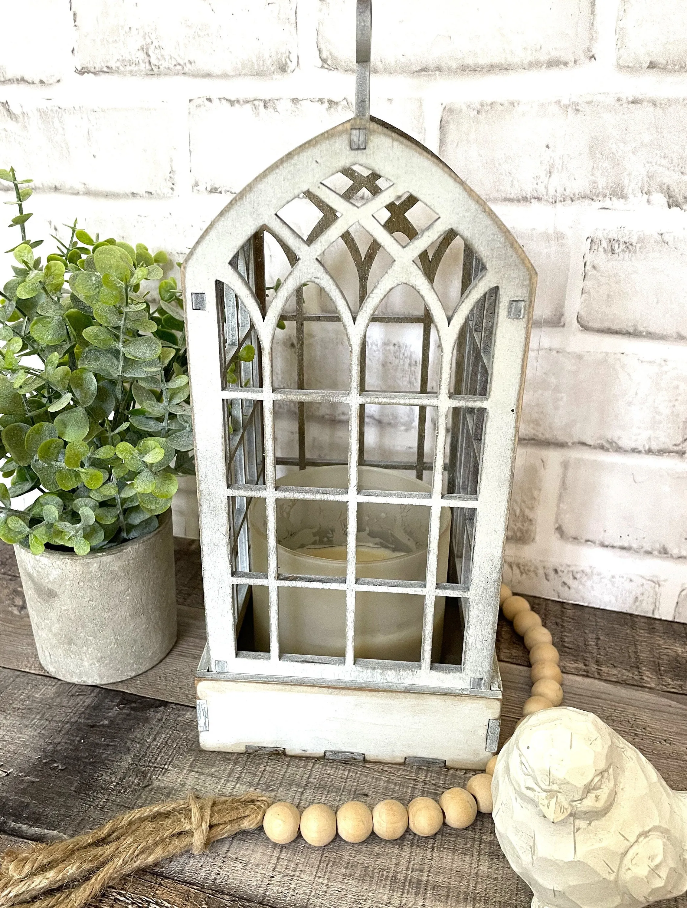 Cathedral Window Farmhouse Lantern, Rustic Farmhouse Lantern - Decor for Shelf