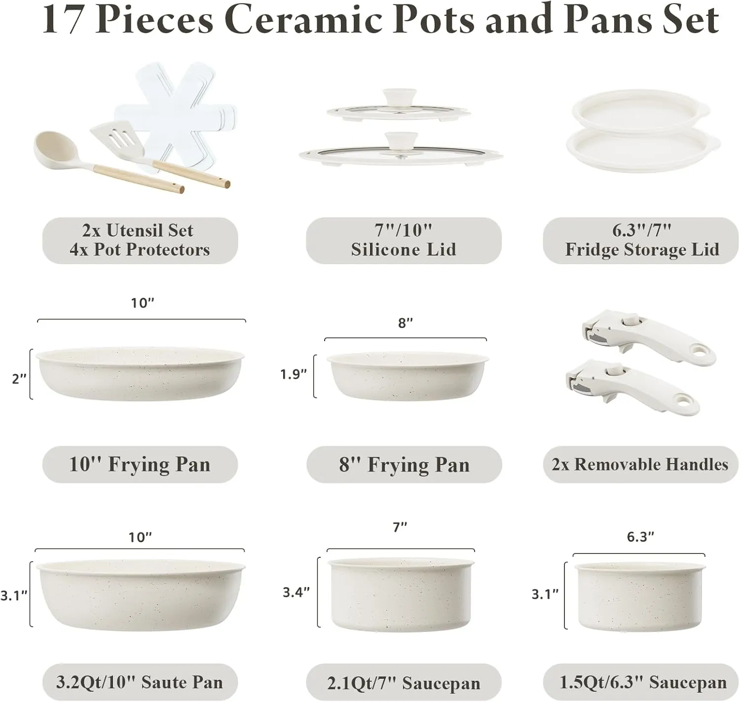 Ceramic Nonstick Cookware Set, Healthy,Non Toxic,17-Pieces Pots and Pans Set Removable Handles,Induction RV Kitchen Set,Stain & Scratch-resistant,Dishwasher/Oven Safe,PFAS/PFOA Free,Cream White
