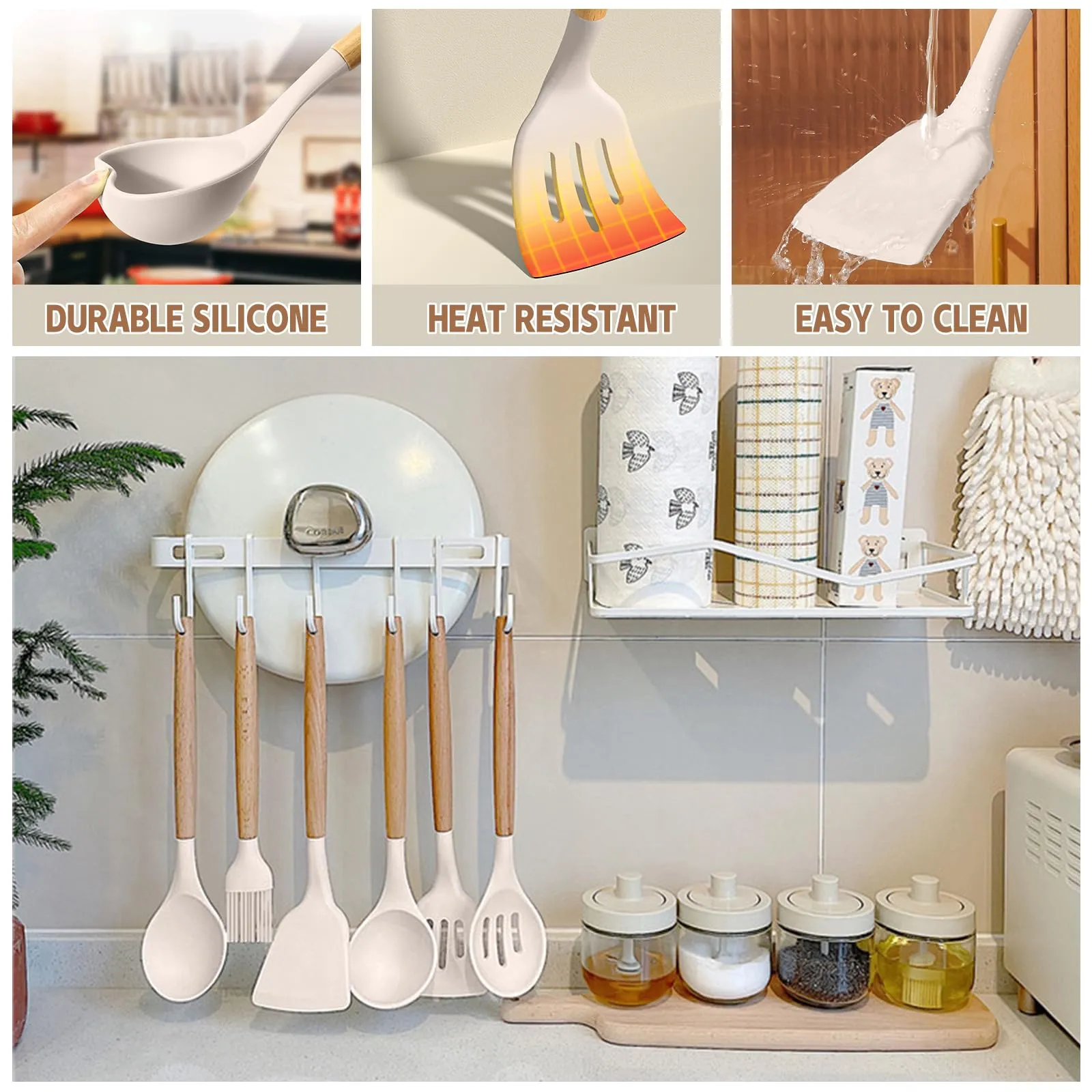 Chef Kitchen Cooking Utensils Set, 33 pcs Non-Stick Silicone Cooking Kitchen Utensils Spatula Set with Holder, Wooden Handle Silicone Kitchen Gadgets Utensil Set
