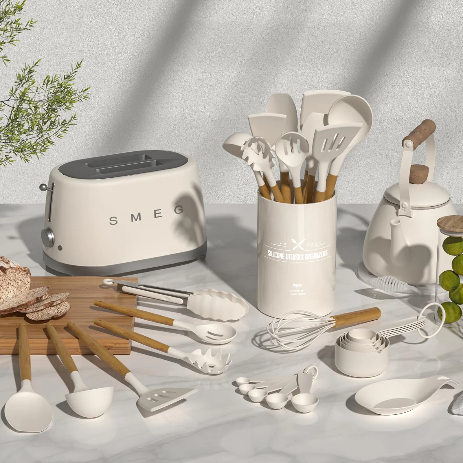 Chef Kitchen Cooking Utensils Set, 33 pcs Non-Stick Silicone Cooking Kitchen Utensils Spatula Set with Holder, Wooden Handle Silicone Kitchen Gadgets Utensil Set