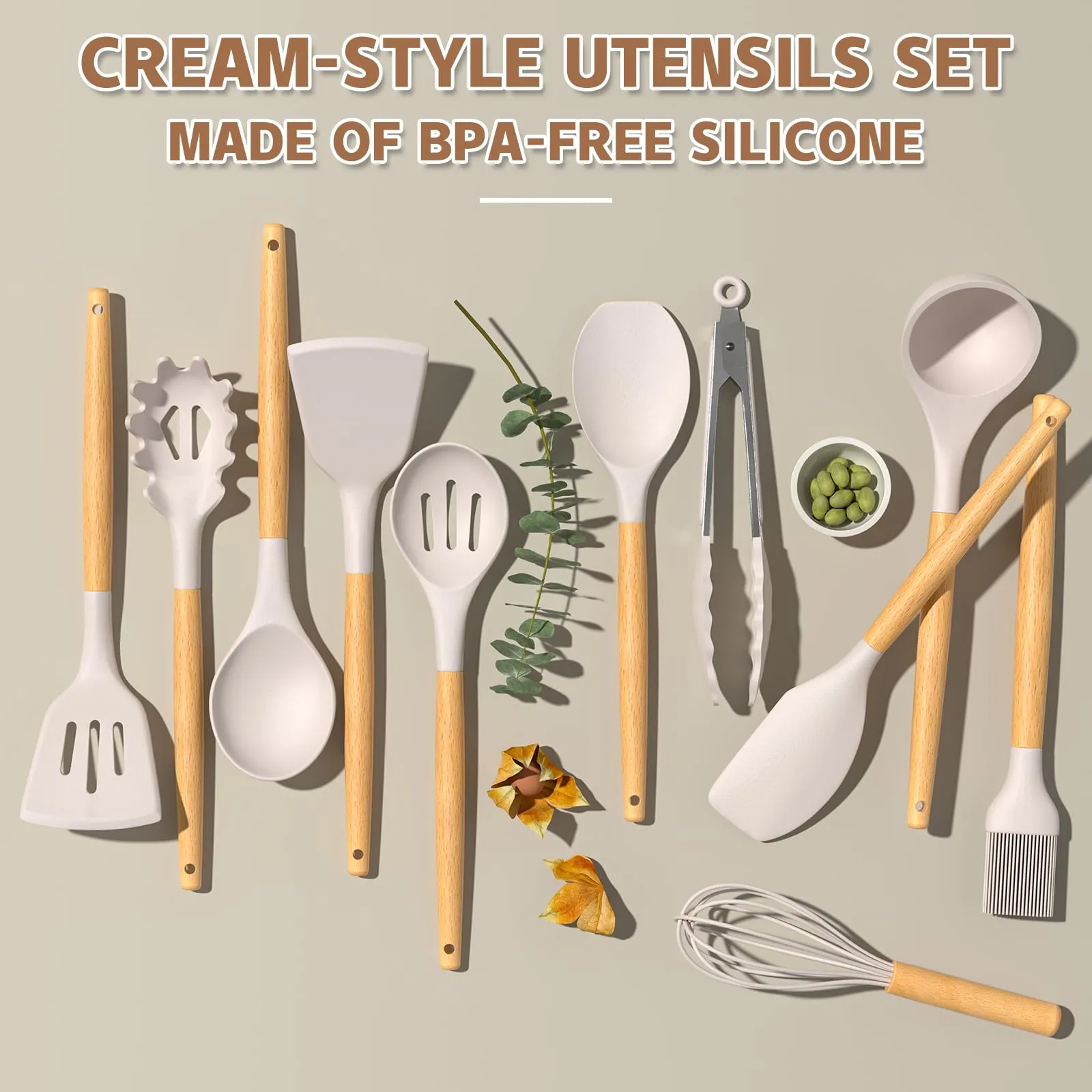 Chef Kitchen Cooking Utensils Set, 33 pcs Non-Stick Silicone Cooking Kitchen Utensils Spatula Set with Holder, Wooden Handle Silicone Kitchen Gadgets Utensil Set