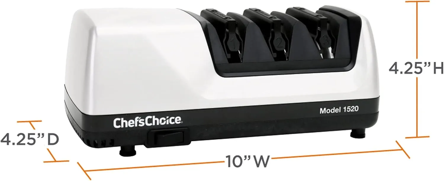 Chef’sChoice Professional Electric Knife Sharpeners for 15- and 20-Degree Straight-Edge and Serrated Knives with Diamond Abrasives & Precision Angle Control, 3-Stage, White