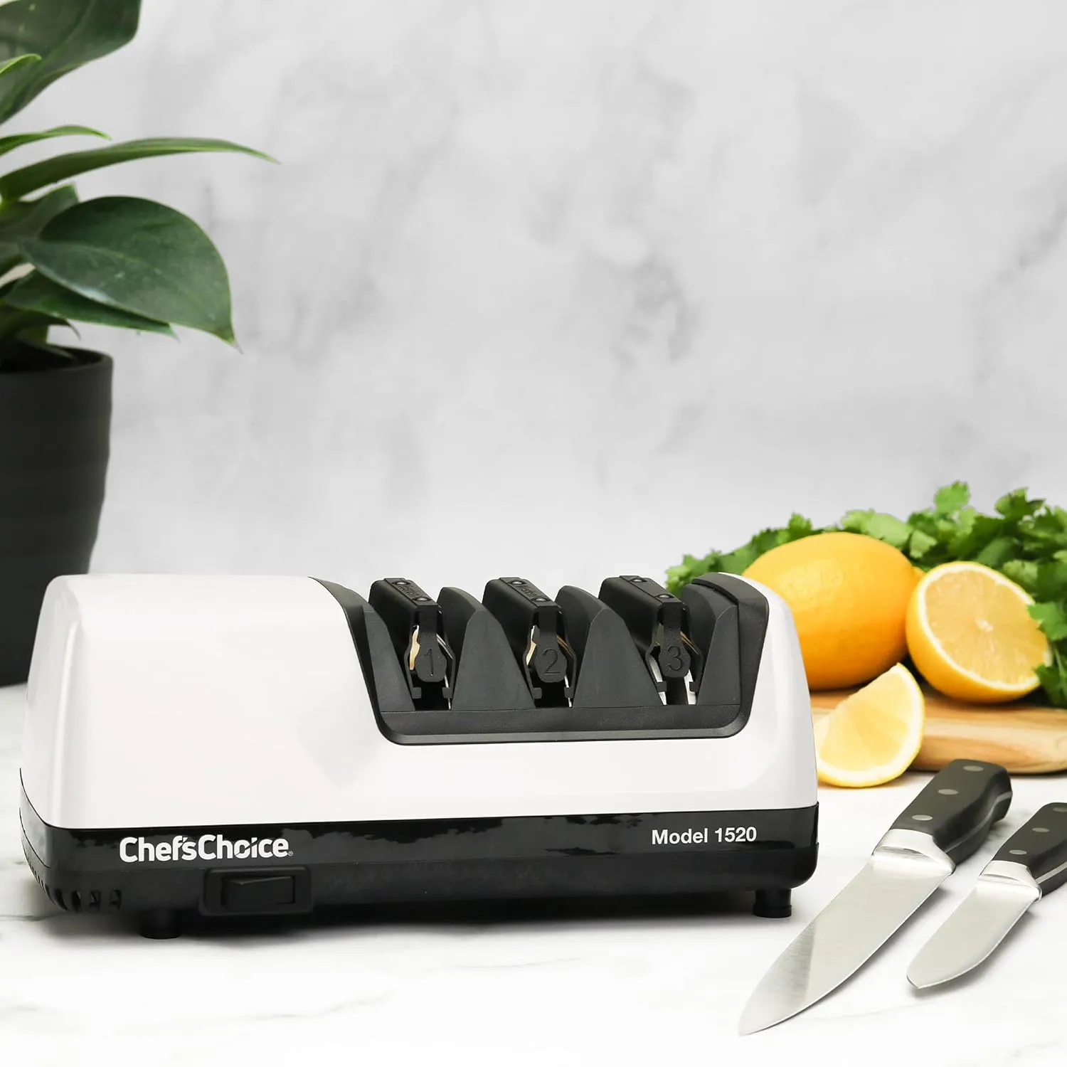 Chef’sChoice Professional Electric Knife Sharpeners for 15- and 20-Degree Straight-Edge and Serrated Knives with Diamond Abrasives & Precision Angle Control, 3-Stage, White