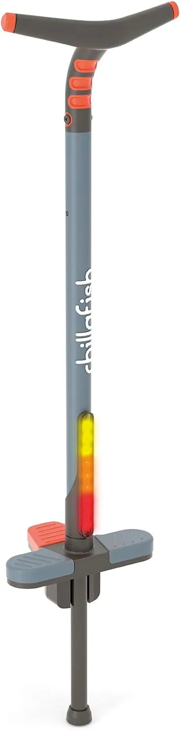 Chillafish Poogi Kids Glow Light-Up Pogo Stick with Centralized Extra Foot Pedal to Balance on One Foot and Versatile Soft-Touch Handgrip for One or Two Hands, Ages 5 , up to 77-lbs., Papaya