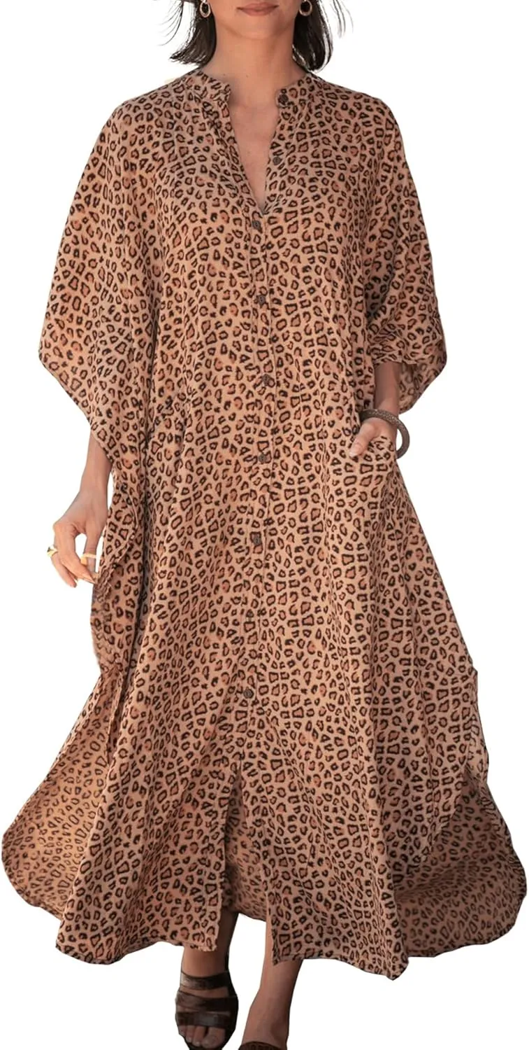 Chunoy Womens Button Down V Neck Kimono Sleeve Long Kaftan Beachwear Cover Up Maxi Dress