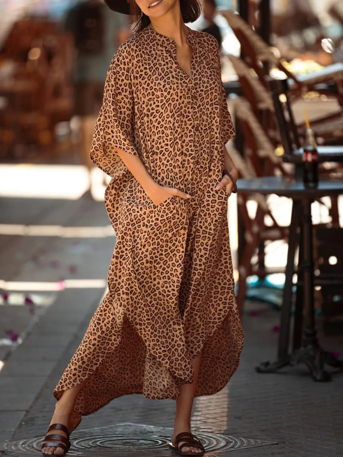 Chunoy Womens Button Down V Neck Kimono Sleeve Long Kaftan Beachwear Cover Up Maxi Dress