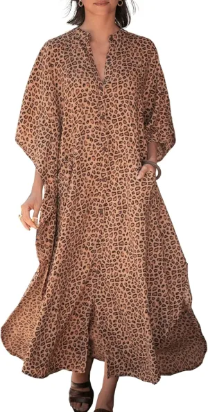 Chunoy Womens Button Down V Neck Kimono Sleeve Long Kaftan Beachwear Cover Up Maxi Dress