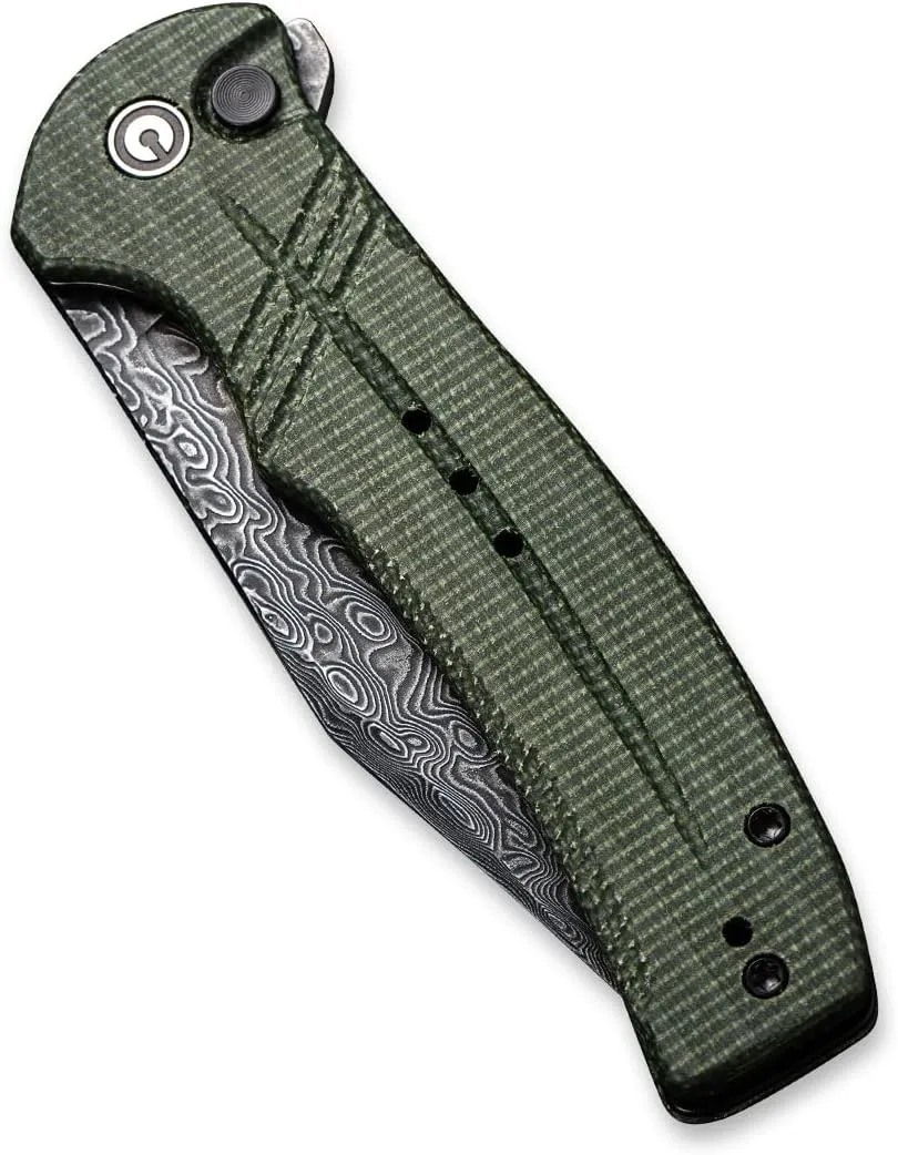 CIVIVI Cogent Button Lock Flipper Pocket Knife, Damascus Blade Green Micarta Handle, Good for Outdoor EDC Camping C20038D-DS1