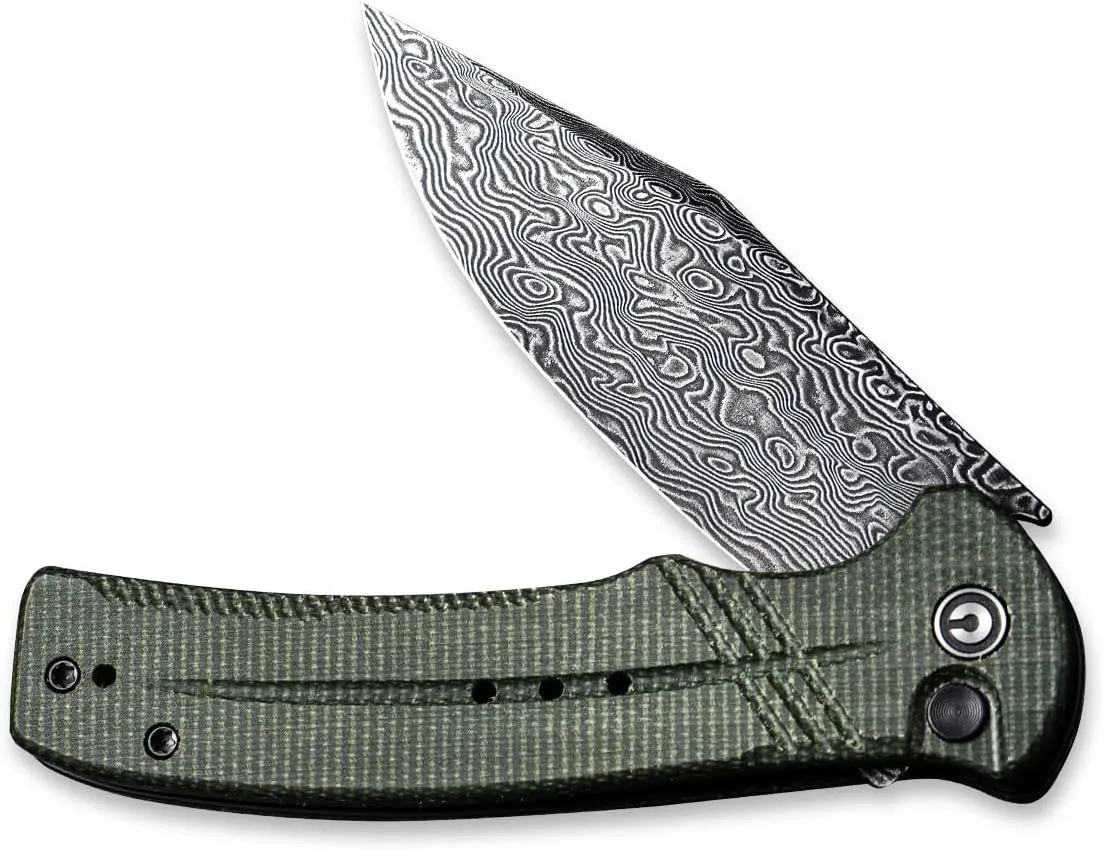 CIVIVI Cogent Button Lock Flipper Pocket Knife, Damascus Blade Green Micarta Handle, Good for Outdoor EDC Camping C20038D-DS1