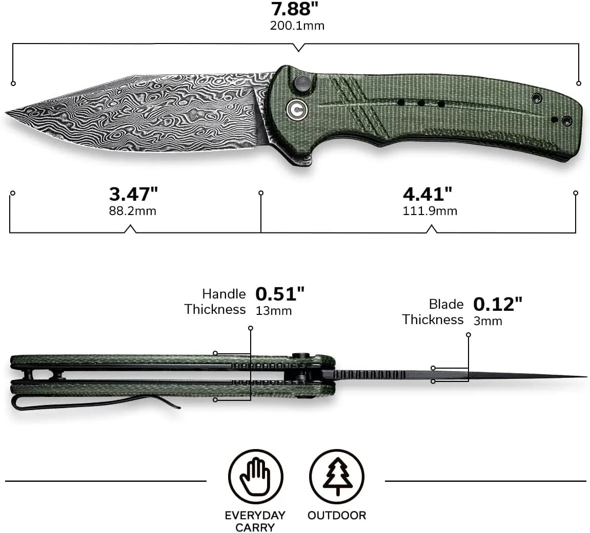 CIVIVI Cogent Button Lock Flipper Pocket Knife, Damascus Blade Green Micarta Handle, Good for Outdoor EDC Camping C20038D-DS1
