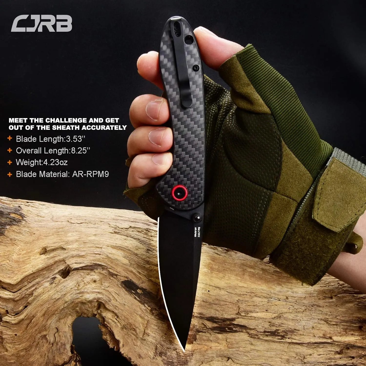 CJRB CUTLERY Folding Knife Feldspar(J1912) AR-RPM9 Powder Steel Black PVD Blade Carbon fiber Handle Pocket Knife EDC Knife, Carbon Fiber Handle