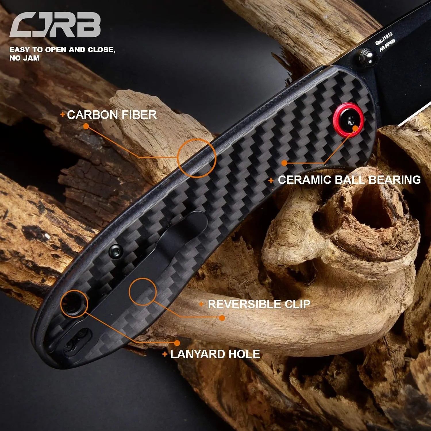 CJRB CUTLERY Folding Knife Feldspar(J1912) AR-RPM9 Powder Steel Black PVD Blade Carbon fiber Handle Pocket Knife EDC Knife, Carbon Fiber Handle