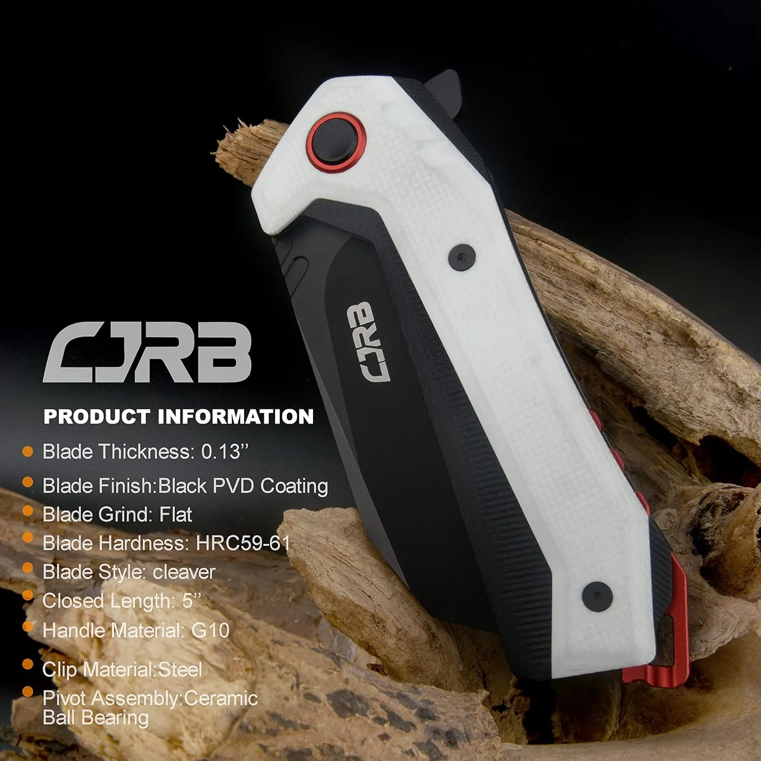 CJRB Tigris Pocket Knife, Folding Knife with AR-RPM9 Powder Steel Black PVD Blade Black & White G10 Handle for EDC Camping Hunting (J1919)