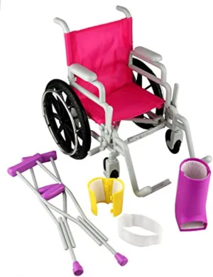 Click N' Play Doll Medical Play Set,5 Piece Set,Wheelchair,Crutches,Bandage,Leg/Arm Cast, Perfect For 18 Inch Dolls,Pink & Purple