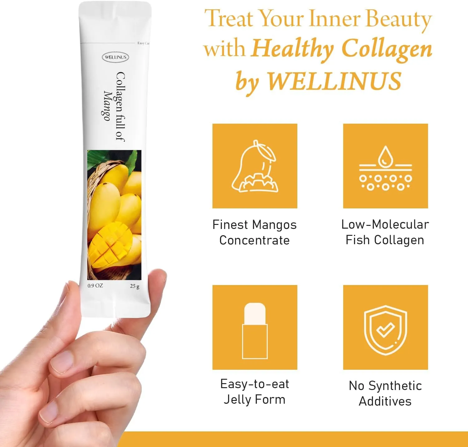 Collagen Jelly Stick, Marine Collagen, Fast Absorbing, Snack, Ultra-Low Weight Molecular Marine Collagen, HACCP Certified, 22.05 oz/Pack of 25 (Pack of 25, Mango)