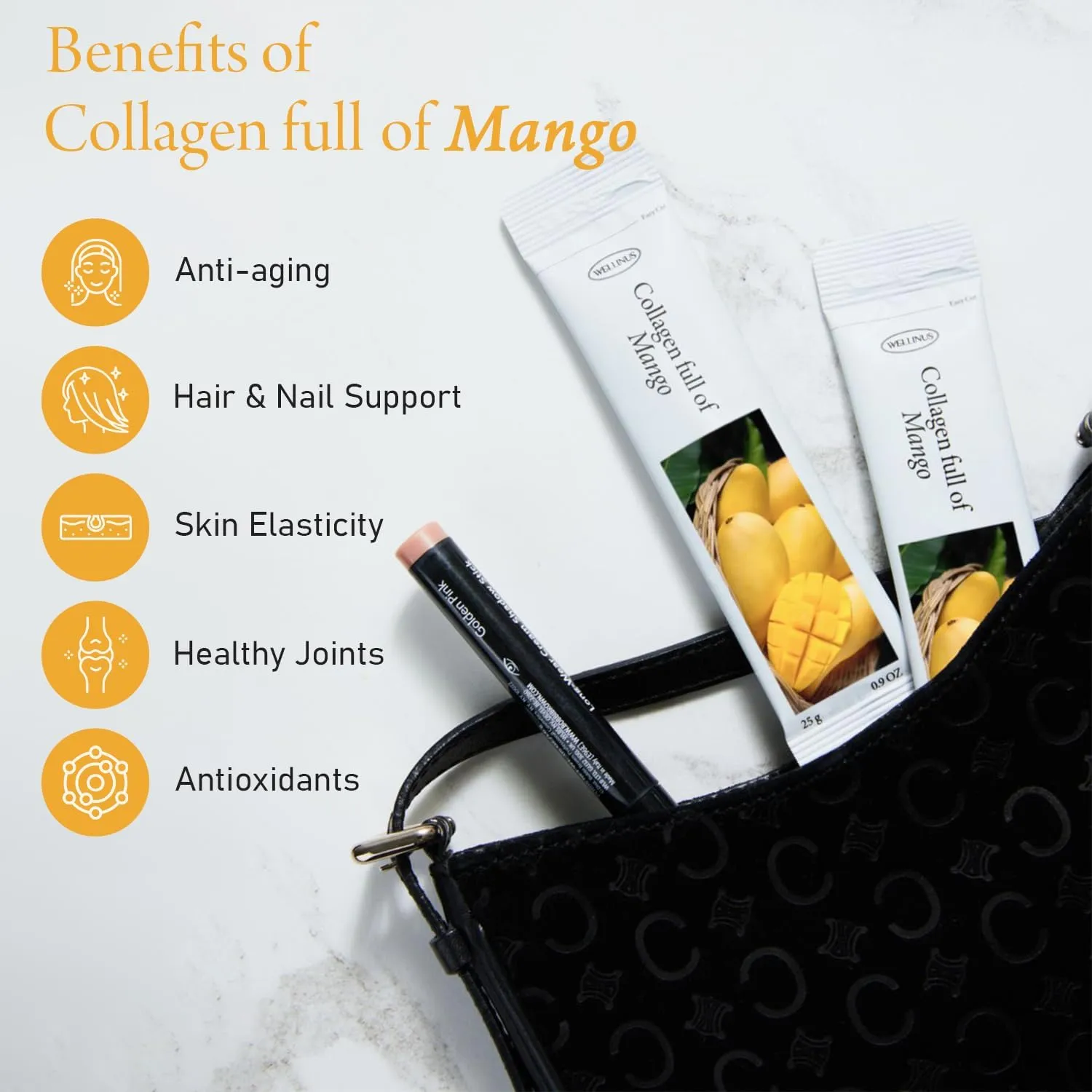 Collagen Jelly Stick, Marine Collagen, Fast Absorbing, Snack, Ultra-Low Weight Molecular Marine Collagen, HACCP Certified, 22.05 oz/Pack of 25 (Pack of 25, Mango)