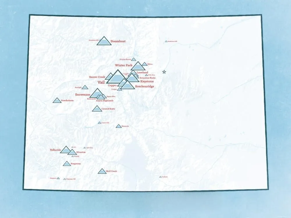 Colorado Ski Resorts Map 18x24 Poster (White & Light Blue)