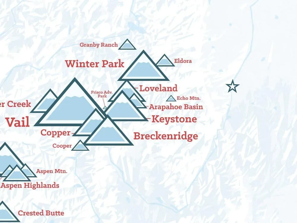 Colorado Ski Resorts Map 18x24 Poster (White & Light Blue)
