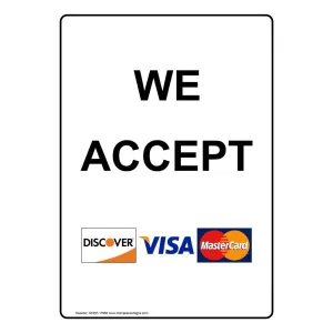ComplianceSigns.com Vertical We Accept [ Discover, Visa, MasterCard ] Label Decal, 5x3.5 in. 4-Pack Vinyl for Dining/Hospitality/Retail